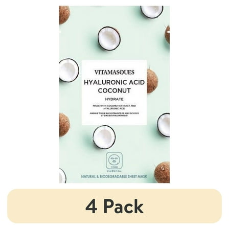 (4 pack) Vitamasques Biodegradable Coconut Face Mask, Hydrating Hyaluronic Acid,  for All Skin Types, One Sheet