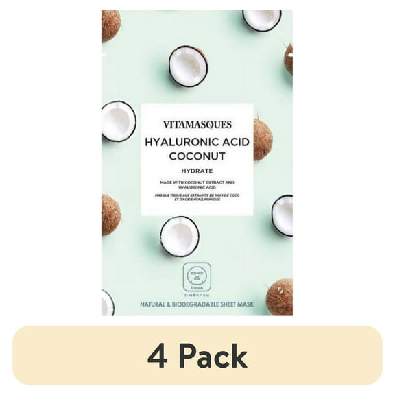 (4 pack) Vitamasques Biodegradable Coconut Face Mask, Hydrating Hyaluronic Acid,  for All Skin Types, One Sheet