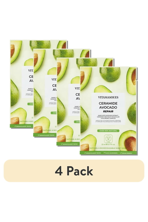 (4 pack) Vitamasques Ceramide Avocado Repair Sheet Mask, For All Skin Types, One Sheet Mask