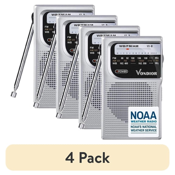(4 pack) Vondior NOAA Weather Radio, Emergency AM/FM, Best Reception Long Lasting Transistor, 1.1'' H, Silver