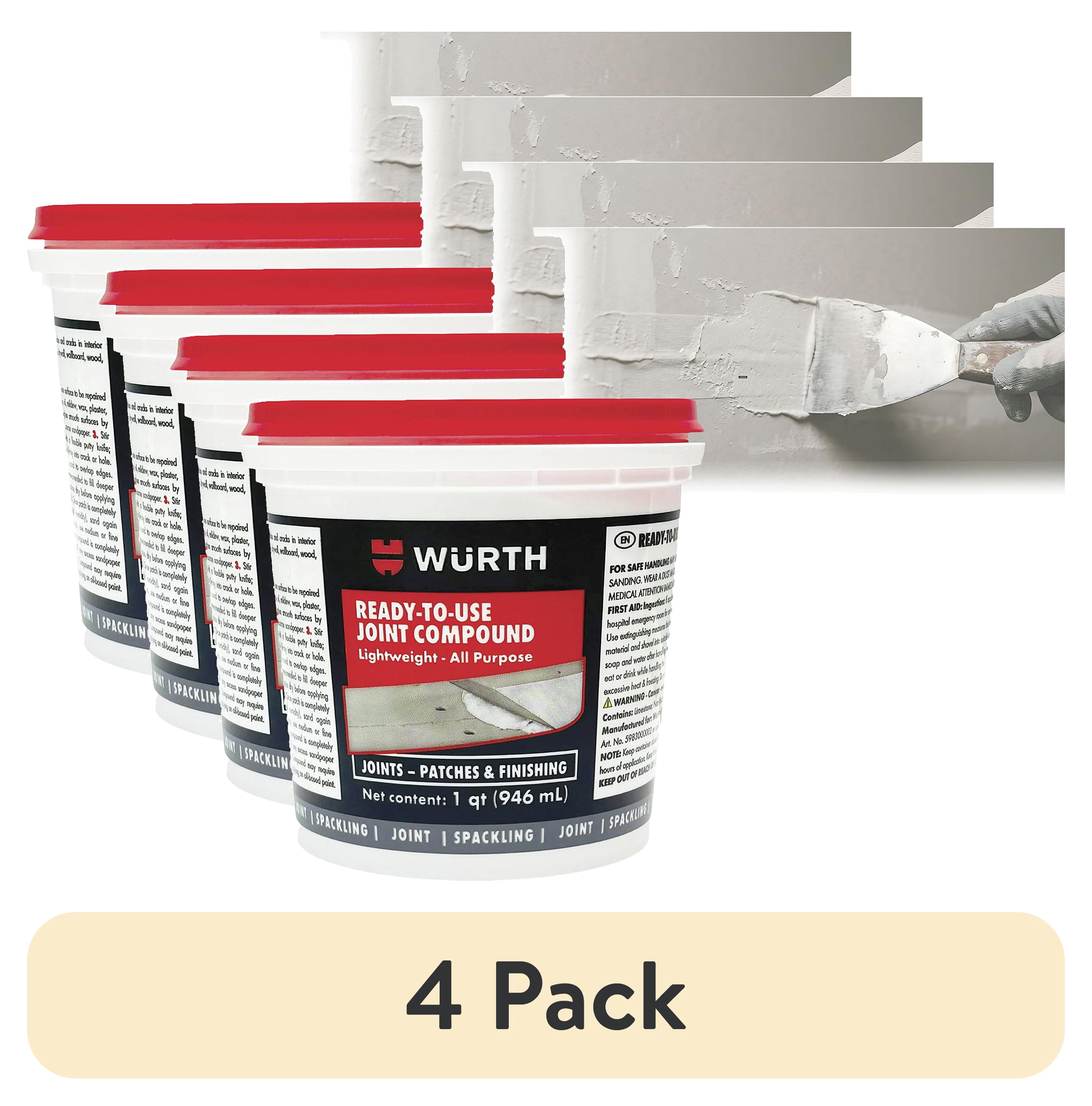 (4 pack) Würth Ready-to-Use Lightweight Joint Compound, 32oz (1 Quart), Pre-Mixed