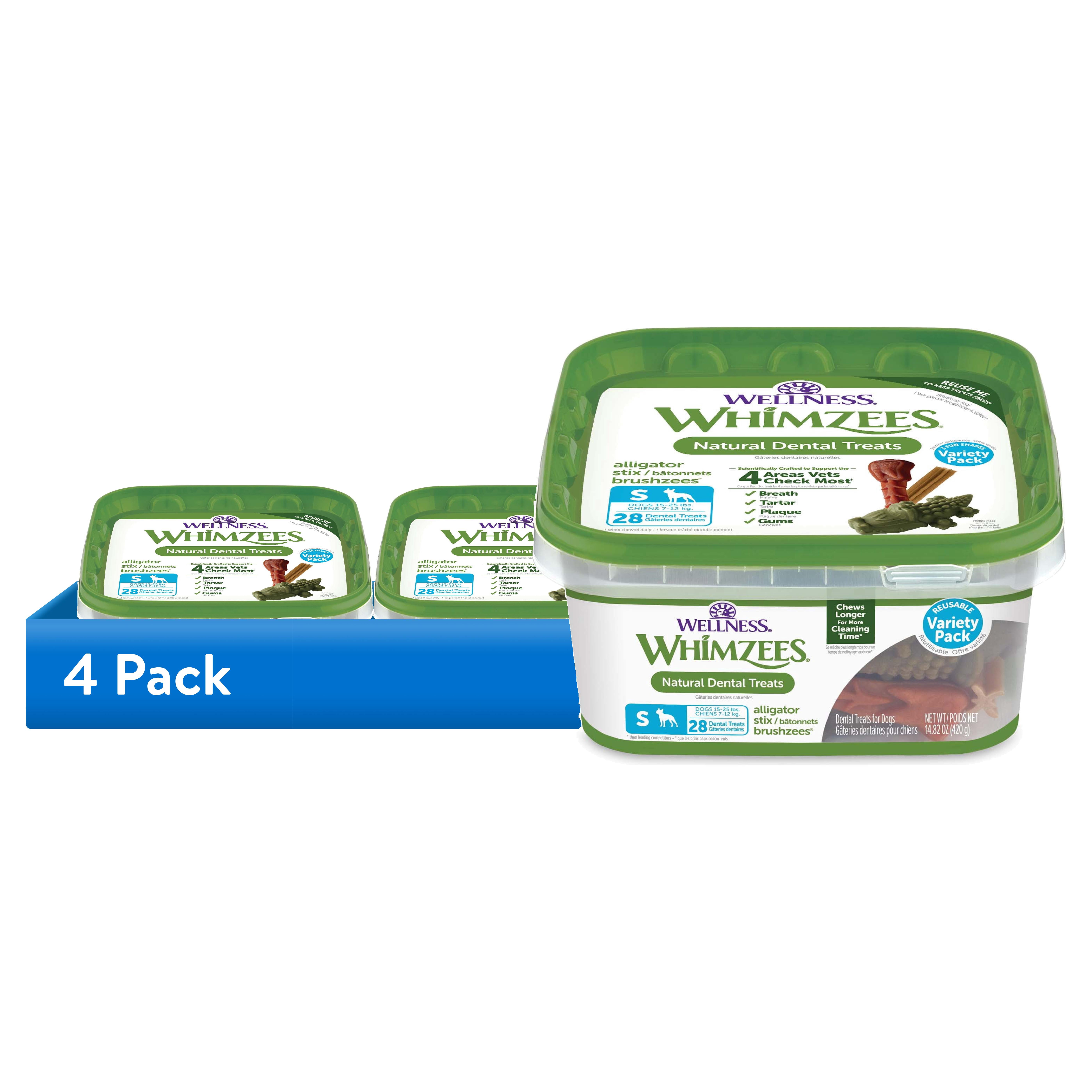 (4 pack) WHIMZEES By Wellness Variety Tub Grain Free Dental Treats for Dogs, Small, 28 Count