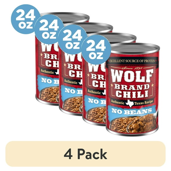 (4 pack) Wolf Brand Chili No Beans, Chili Without Beans, 15g Protein Per Serving, 24 oz. Can