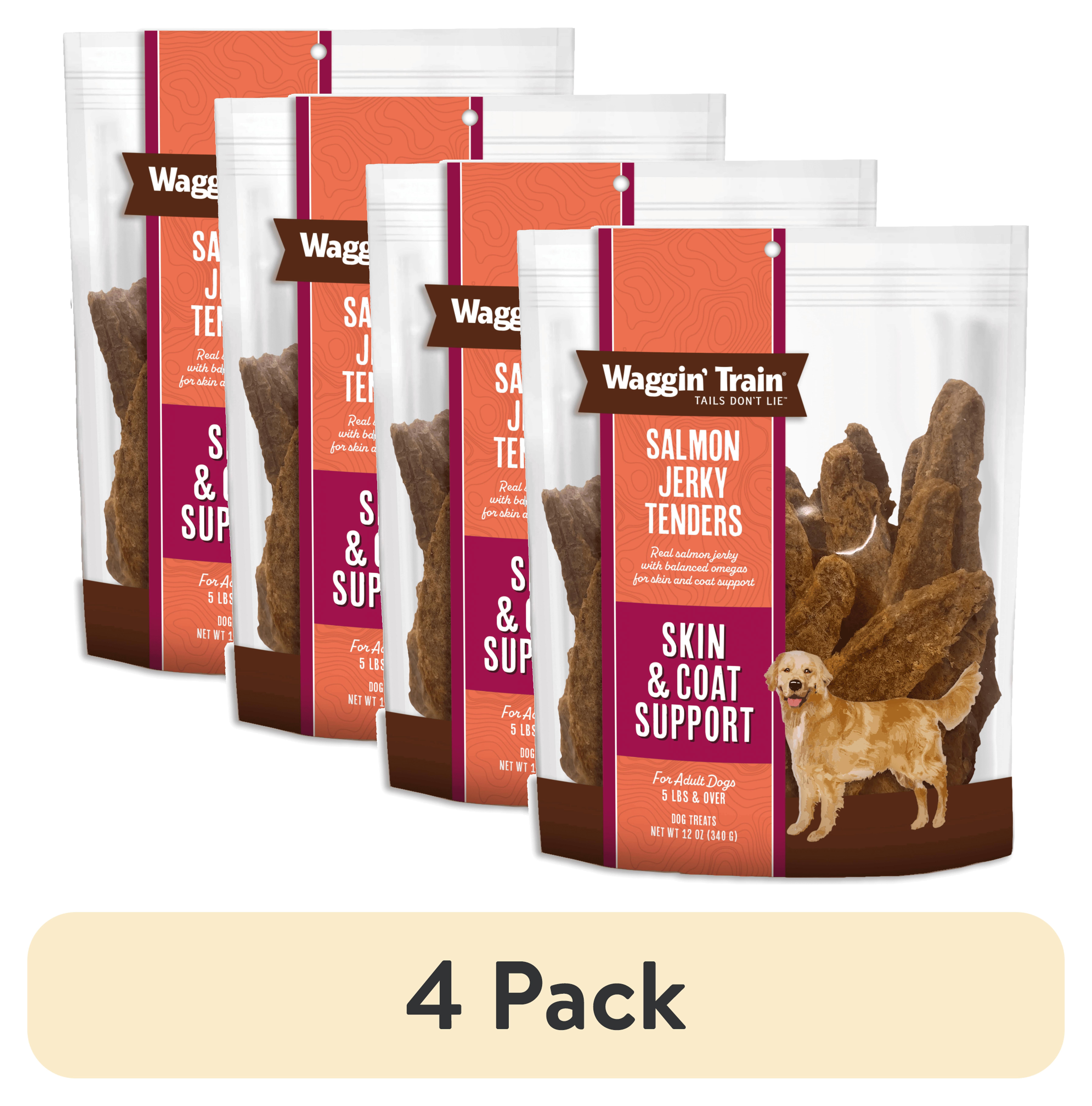 (4 pack) Waggin' Train Salmon Jerky for Skin & Coat Support , Dog Treats, 12oz Pouch