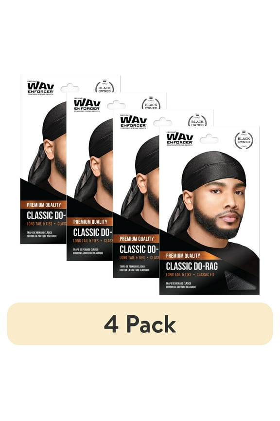 (4 pack) WavEnforcer Classic Do-Rag, Black, 1 Count