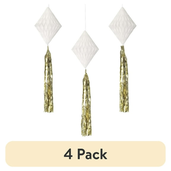 (4 pack) White Honeycomb Diamonds with Tassel Tails, 3 Pieces, by Way To Celebrate