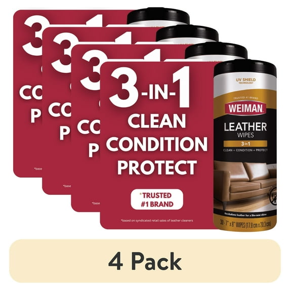 (4 pack) Weiman 3-In-1 Leather Cleaner, Conditioner & Protection Wipes, 30 Count