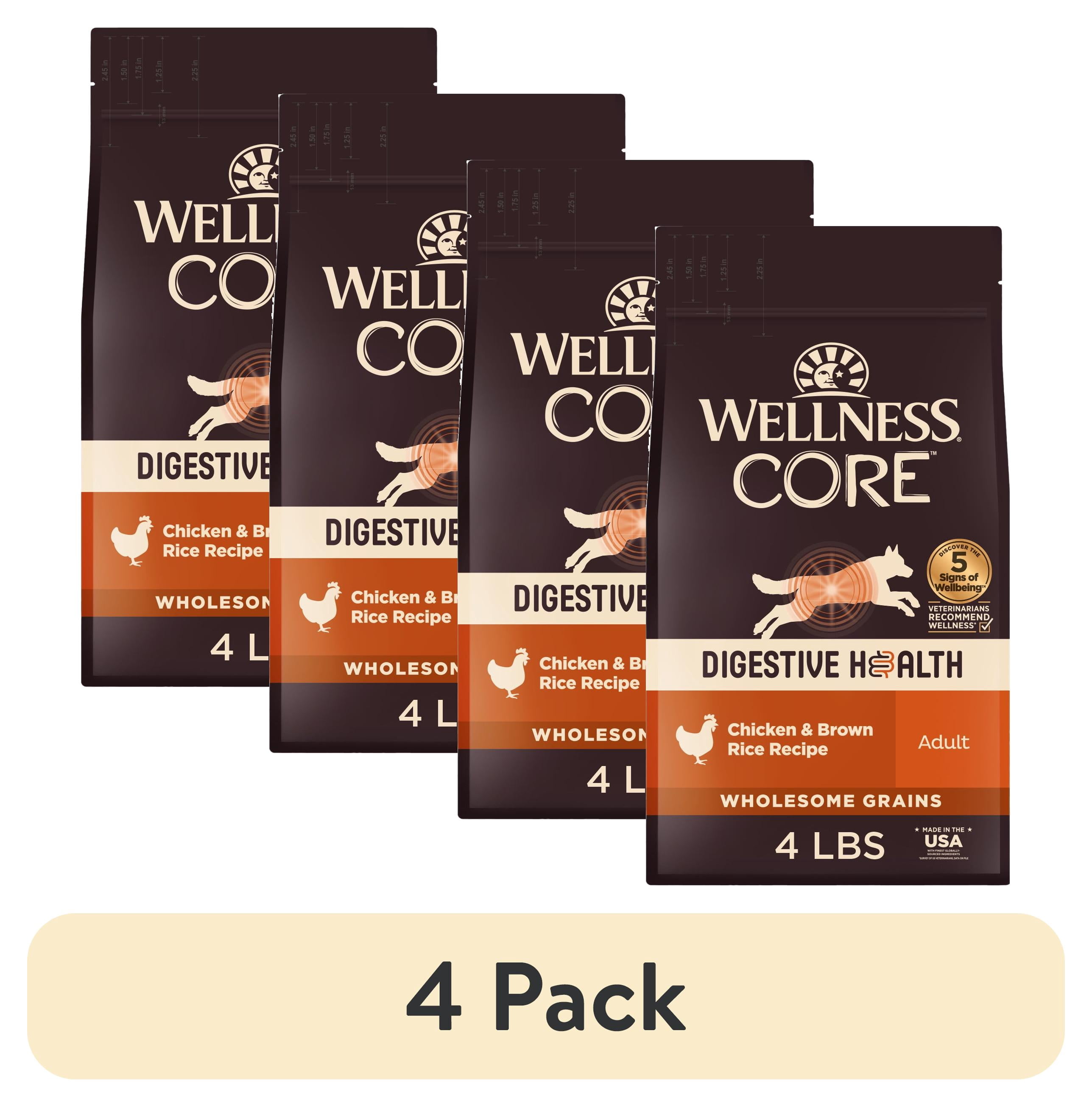 (4 pack) Wellness CORE Digestive Health Adult Dry Dog Food, Wholesome Grain Kibble, Sensitive Stomach, Natural, High Protein, Chicken Recipe, 4 lb Bag