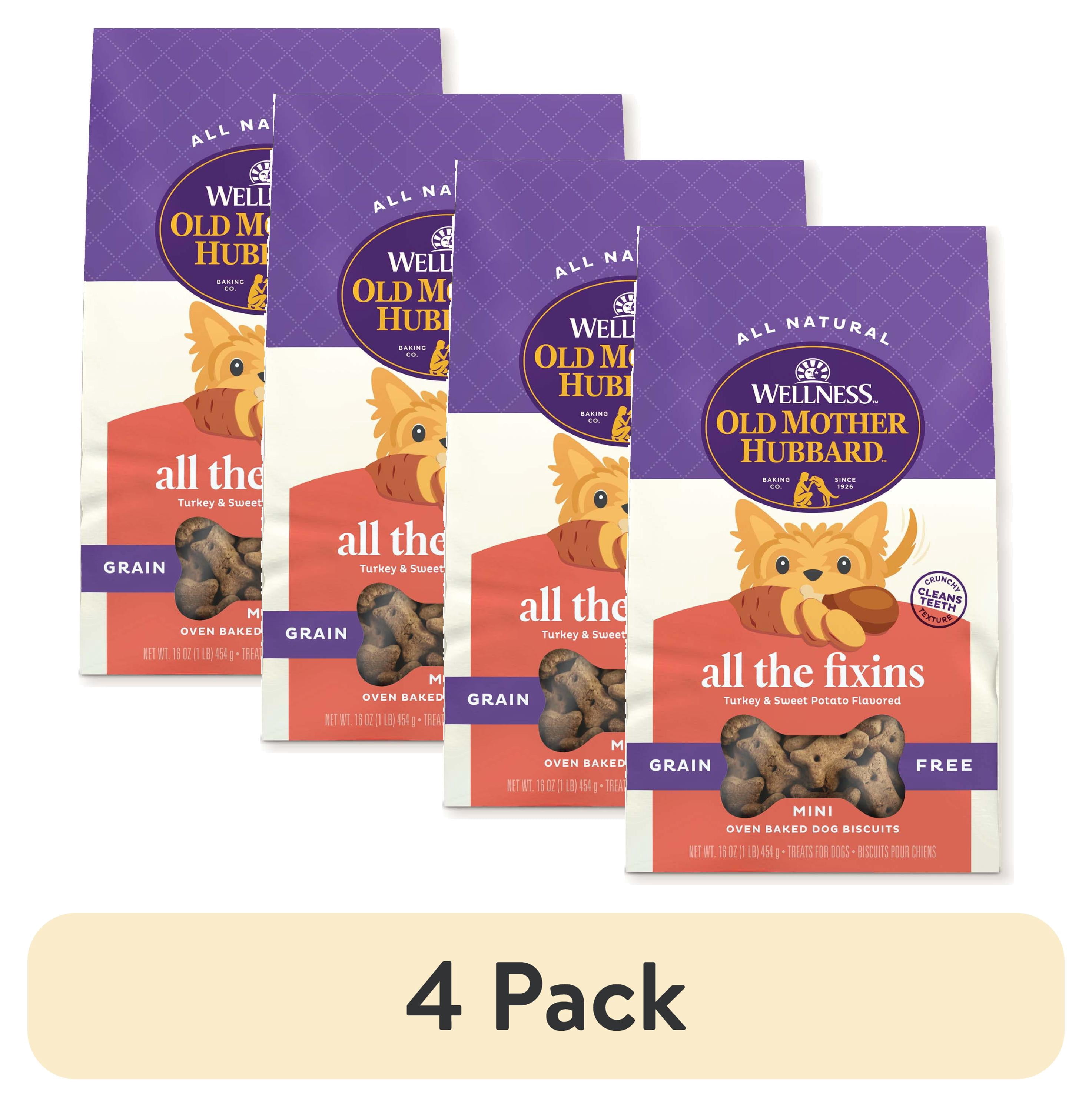 (4 pack) Wellness Old Mother Hubbard Classic Grain Free All the Fixins Dog Biscuits, Natural Training Treats, Turkey and Sweet Potato Flavor, Mini Size, 16 oz Bag