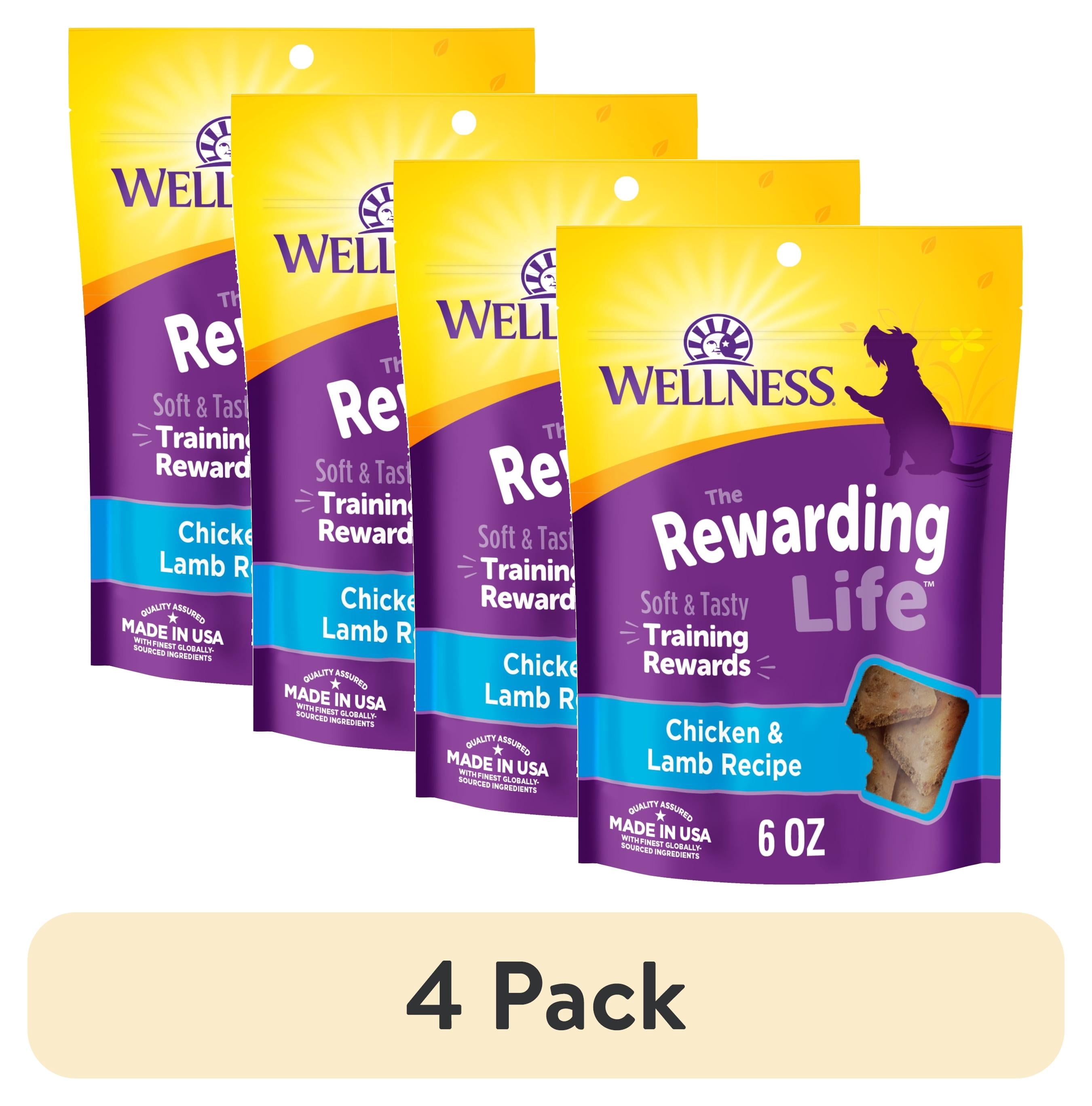 (4 pack) Wellness Rewarding Life Dog Treats, Natural, Training Treat, Grain Free, Soft Chicken & Lamb (6 Ounce bag)