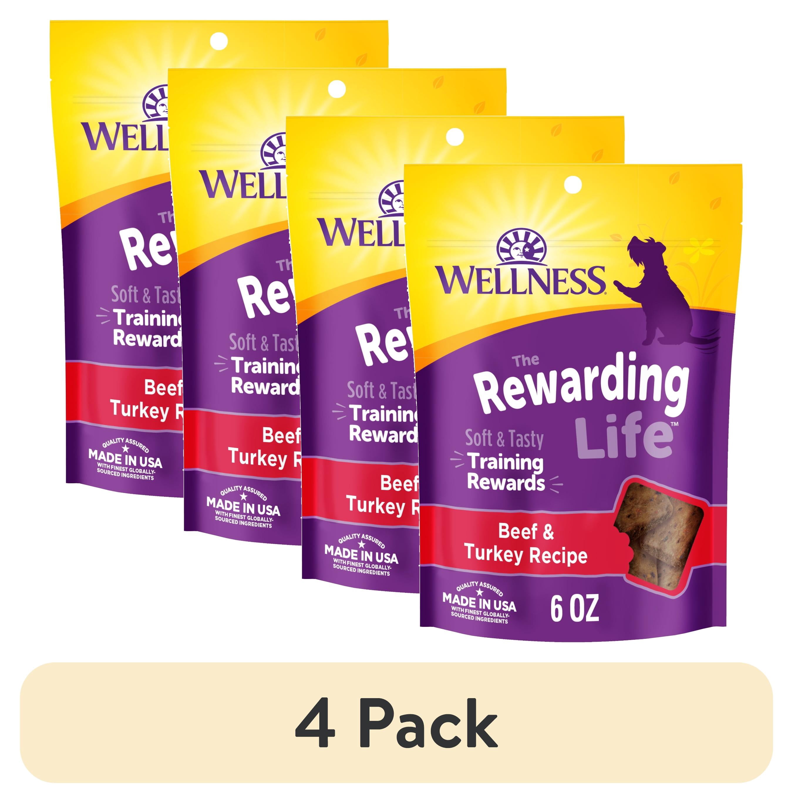 (4 pack) Wellness Rewarding Life Dog Treats, Natural, Training Treat, Grain Free, Soft Beef & Turkey (6 Ounce bag)