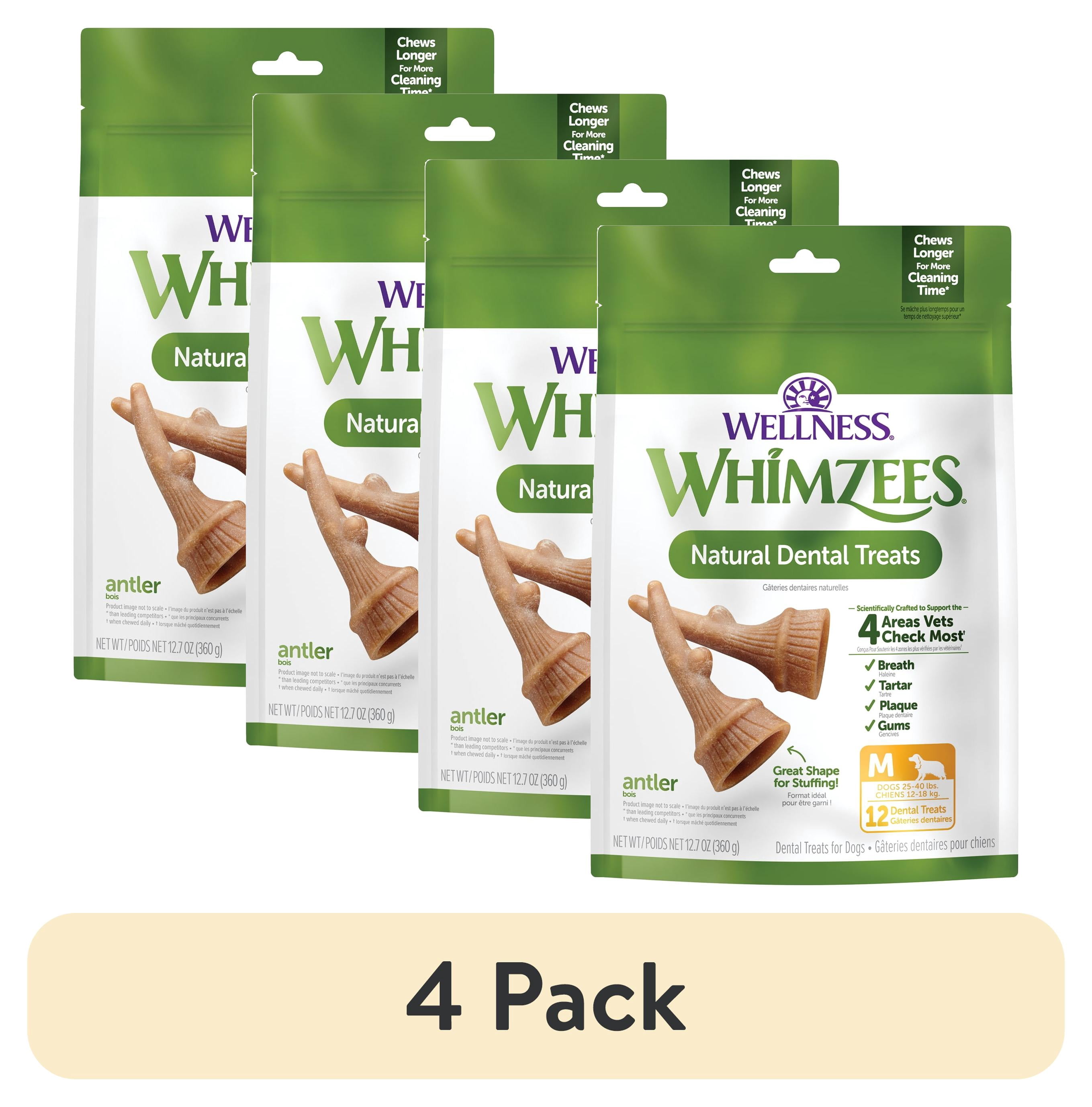(4 pack) Wellness WHIMZEES Antler Occupy Natural Dog Dental Treat, Chews, Freshens Breath, Medium Size, 12.7 oz Bag, 12 Count