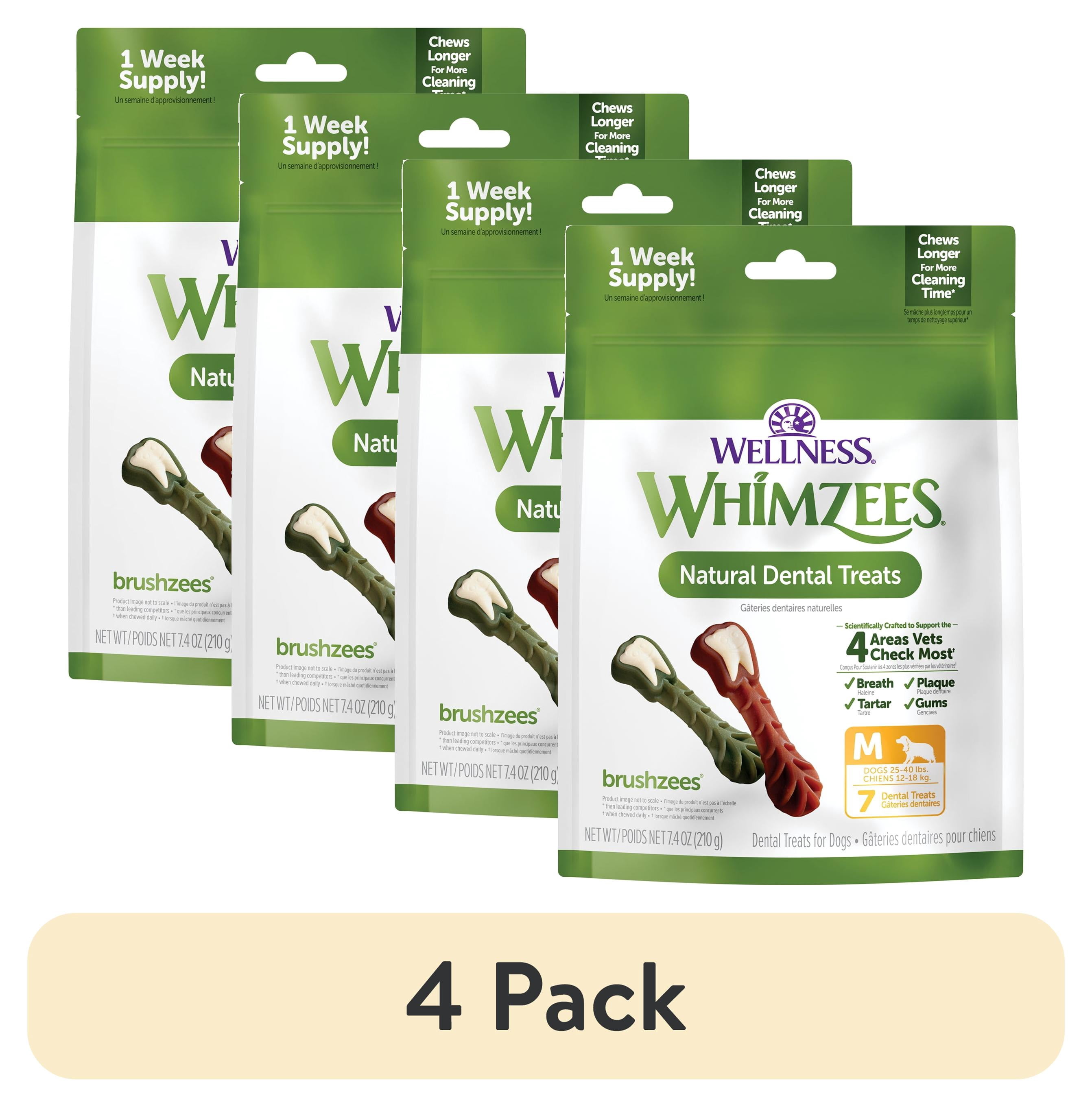 (4 pack) Wellness WHIMZEES Daily Brushzees Dog Dental Treats, Medium Size Stick, (7 Count)