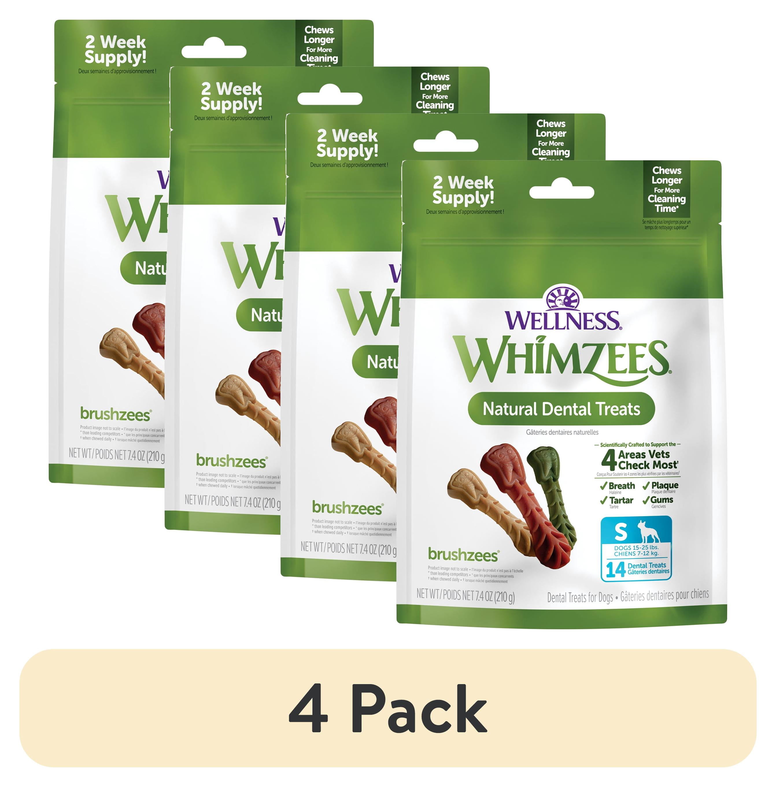 (4 pack) Wellness WHIMZEES Daily Brushzees Natural Dog Dental Treat, VOHC Accepted Chews, Freshens Breath, Small Size, 7.4 oz Bag, 14 Count