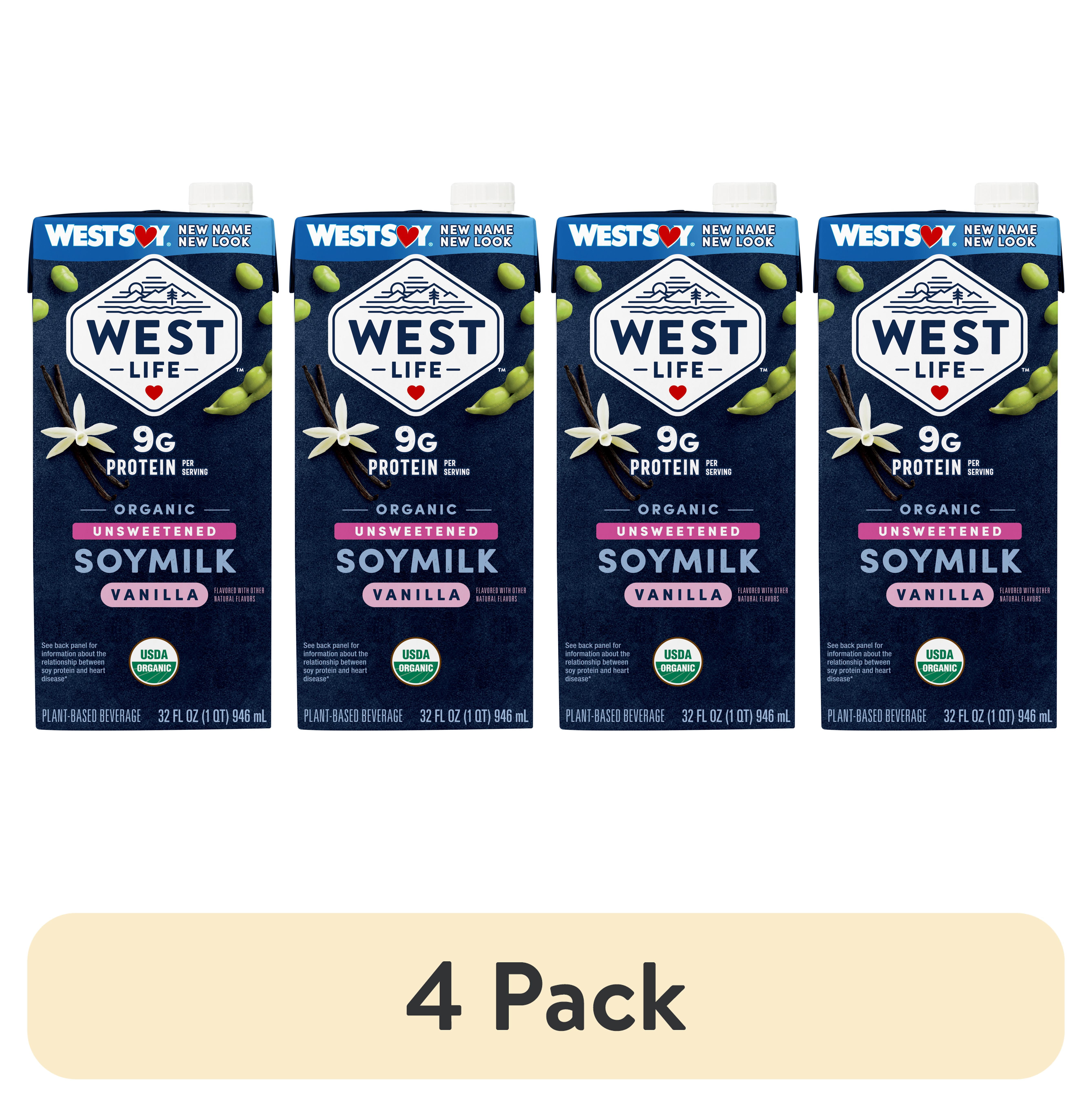 (4 pack) West Life Organic Unsweetened Vanilla Soymilk, Shelf-Stable, 32 fl oz
