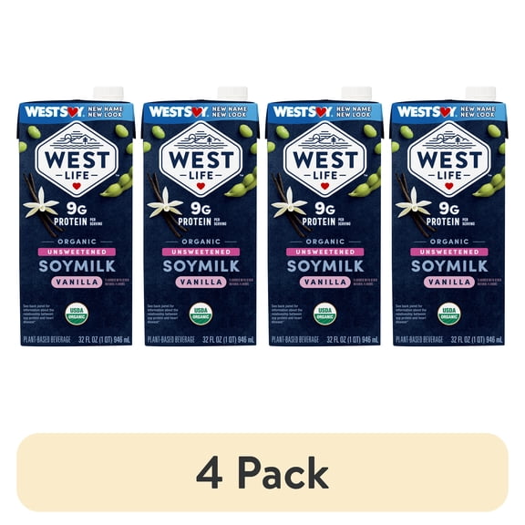 (4 pack) West Life Organic Unsweetened Vanilla Soymilk, Shelf-Stable, 32 fl oz