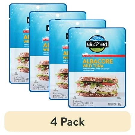 (4 pack) Wild Planet Albacore Wild Tuna, No Salt Added, 3 oz Pouch