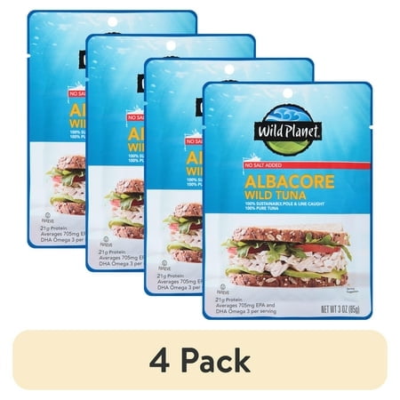 (4 pack) Wild Planet Albacore Wild Tuna, No Salt Added, 3 oz Pouch