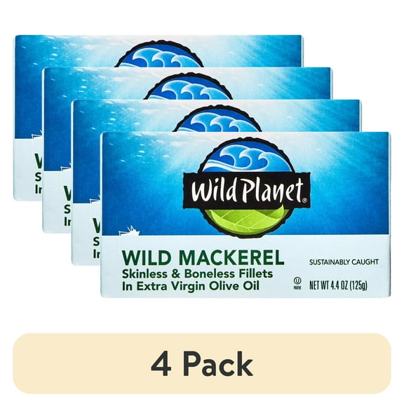 (4 pack) Wild Planet Wild Mackerel Skinless Boneless Fillets in Extra Virgin Olive Oil, 4.4 oz Can