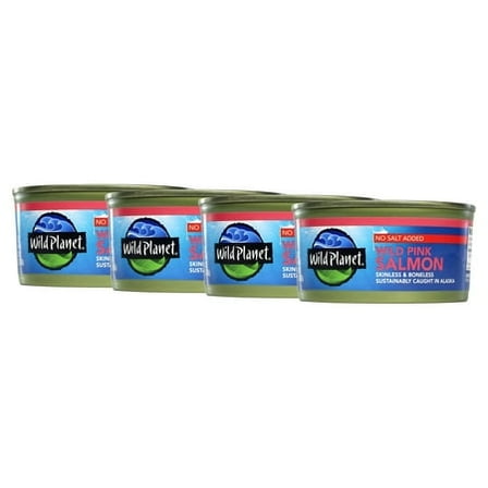 (4 pack) Wild Planet North Pacific Wild Pink Salmon, No Salt Added, 6 oz Can