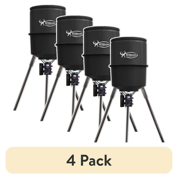 (4 pack) WILDGAME INNOVATIONS Quick-Set 225 lb Game Feeder with Digital Timer | Durable Tripod Corn/Pellet Hunting Feeder with 1-4 Available Feed Times & 30-feet Radius