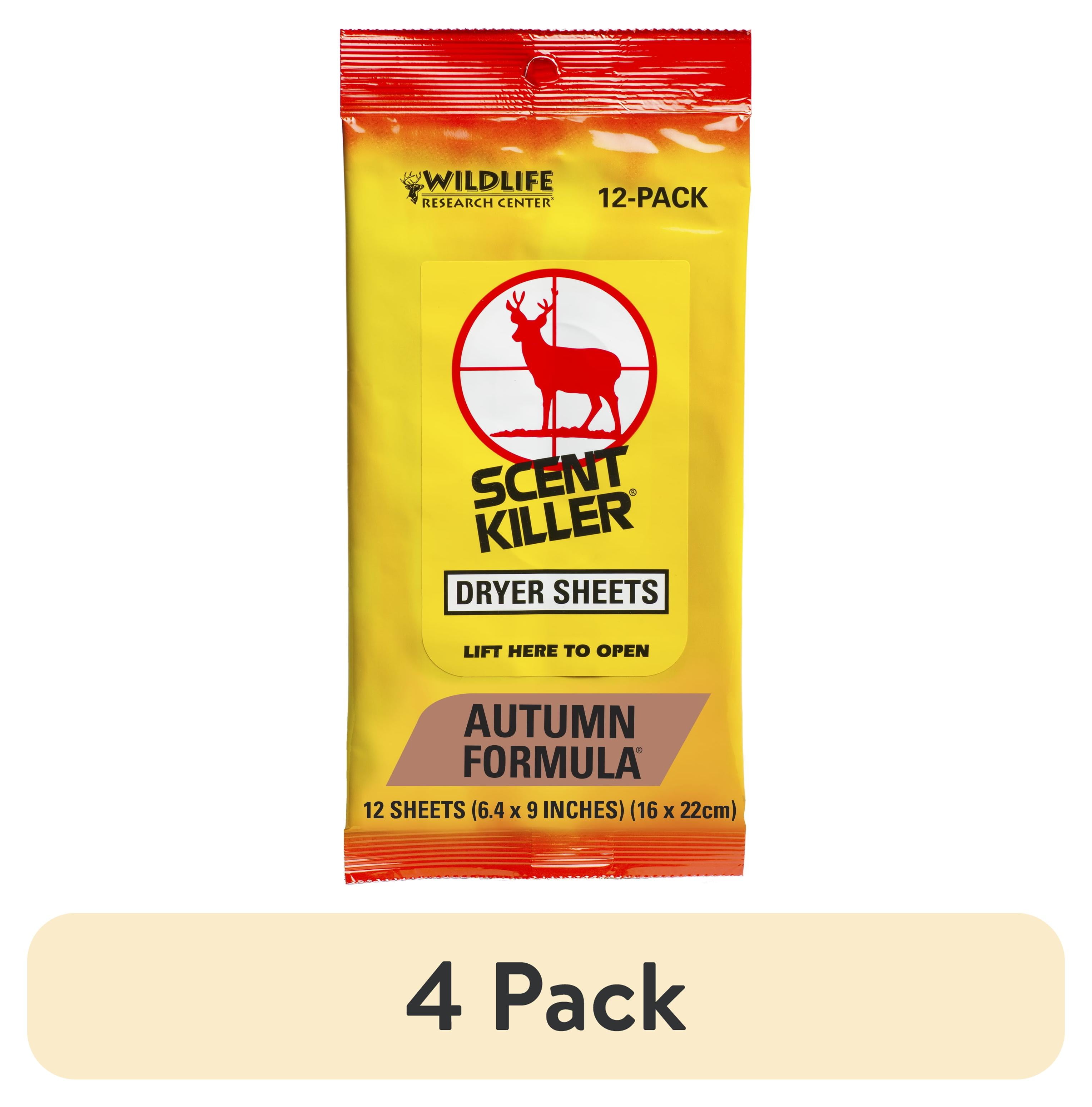 (4 pack) Wildlife Research Center, Scent Killer Autumn Formula Dryer Sheets, 12 Sheets for Hunting