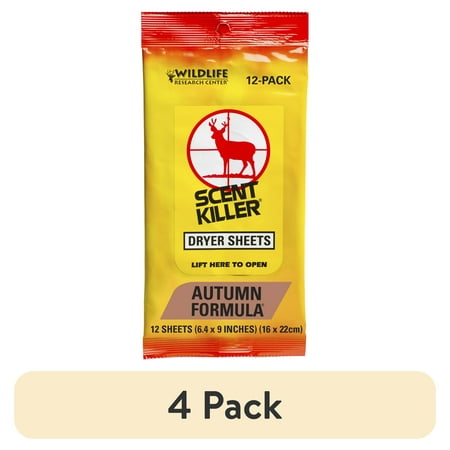 (4 pack) Wildlife Research Center, Scent Killer Autumn Formula Dryer Sheets, 12 Sheets for Hunting