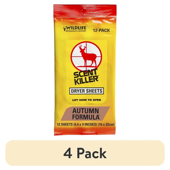 (4 pack) Wildlife Research Center, Scent Killer Autumn Formula Dryer Sheets, 12 Sheets for Hunting