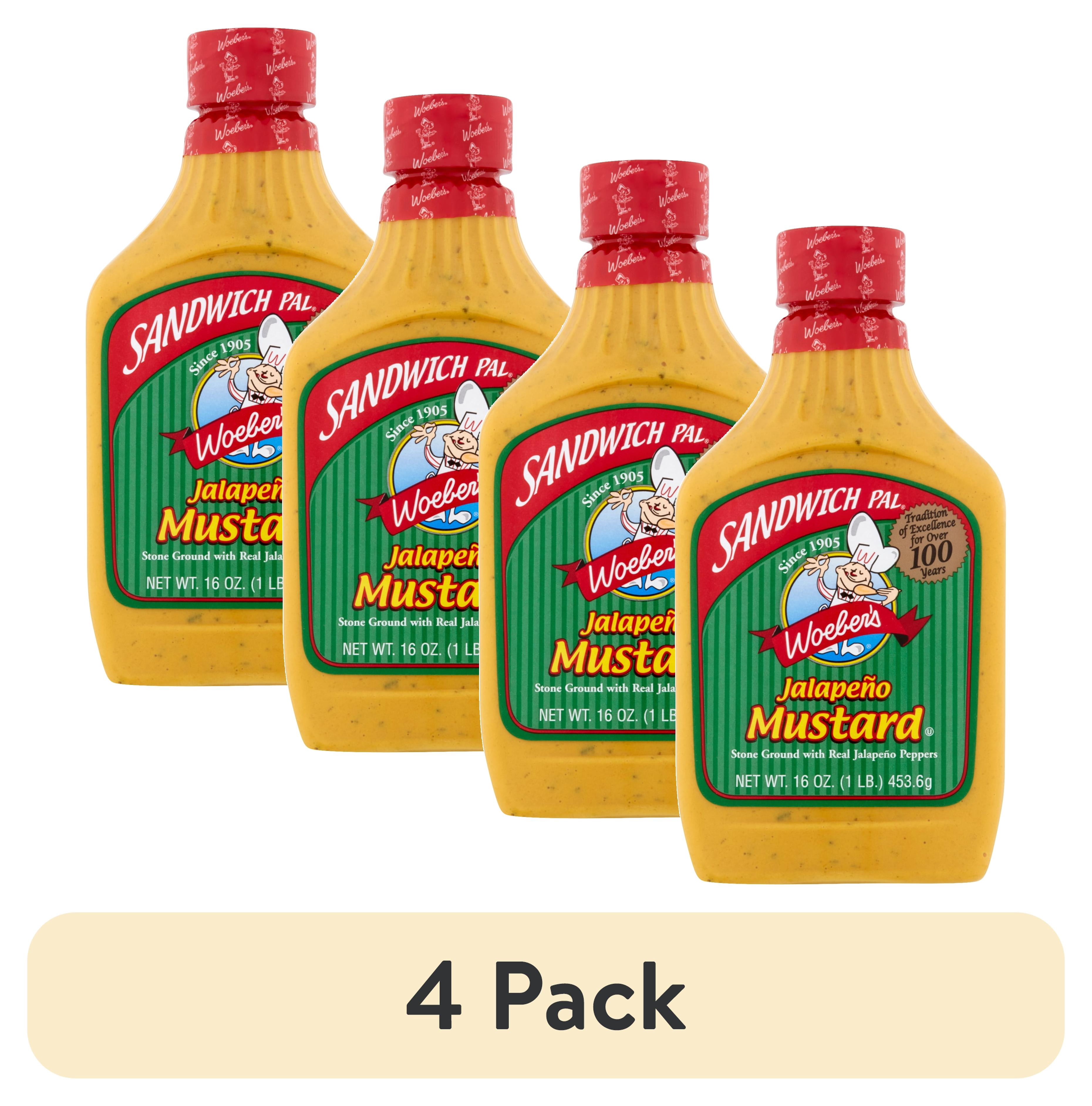 (4 pack) Woeber's Sandwich Pal Jalapeño Mustard, 16 oz Squeeze Bottle