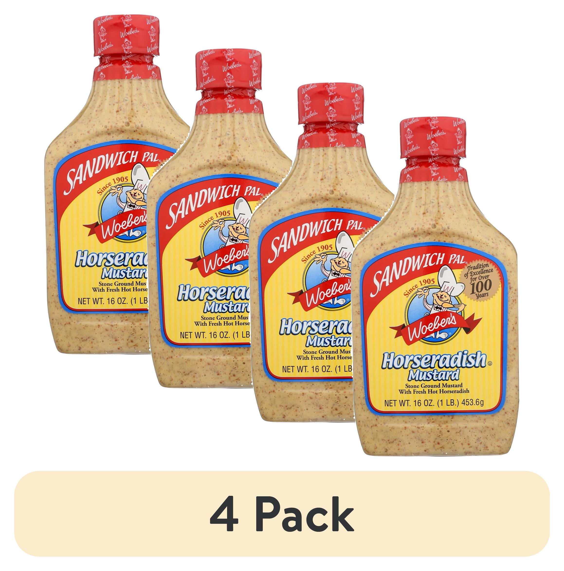 (4 pack) Woeber's Sandwich Pal Mustard Horseradish, 16 oz Squeeze Bottle