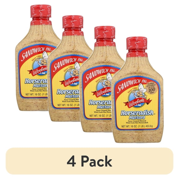 (4 pack) Woeber's Sandwich Pal Mustard Horseradish, 16 oz Squeeze Bottle