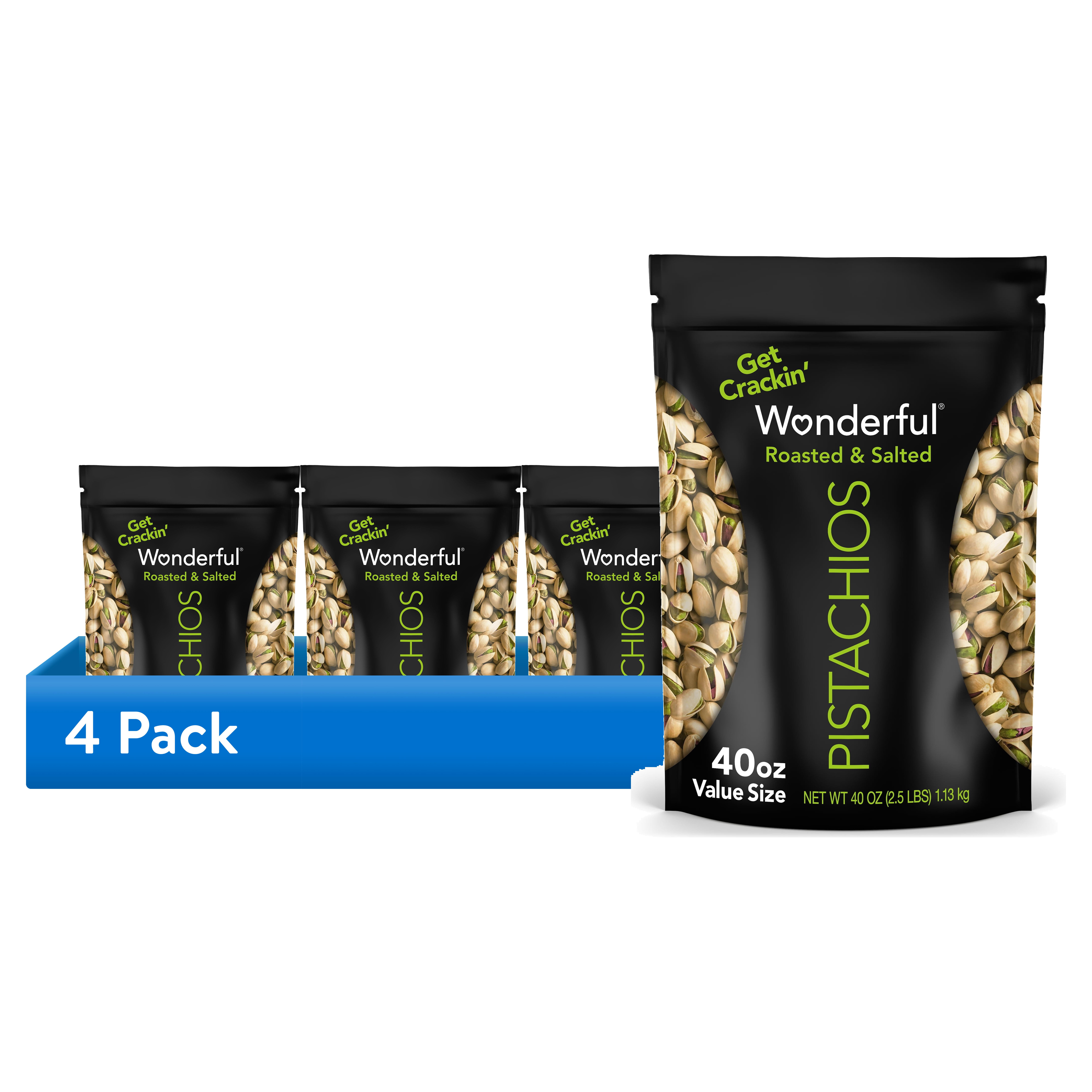 (4 pack) Wonderful Pistachios In-Shell Roasted & Salted Nuts, 40 Ounce Bag