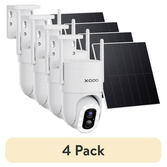 (4 pack) XODO Outdoor Solar Powered Security Camera 2K 3MP, Night Vision, Works with Google & Alexa
