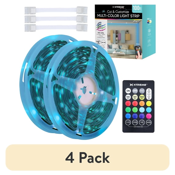 (4 pack) Xtreme Lit 100ft Indoor LED Strip Lights Kit, Multicolor LED Lights for Bedroom, Cuttable, Remote Control