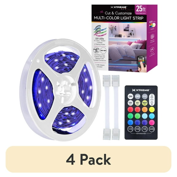 (4 pack) Xtreme Lit 25ft Indoor LED Strip Lights Kit, Multicolor LED Lights for Bedroom, Cuttable, Remote Control