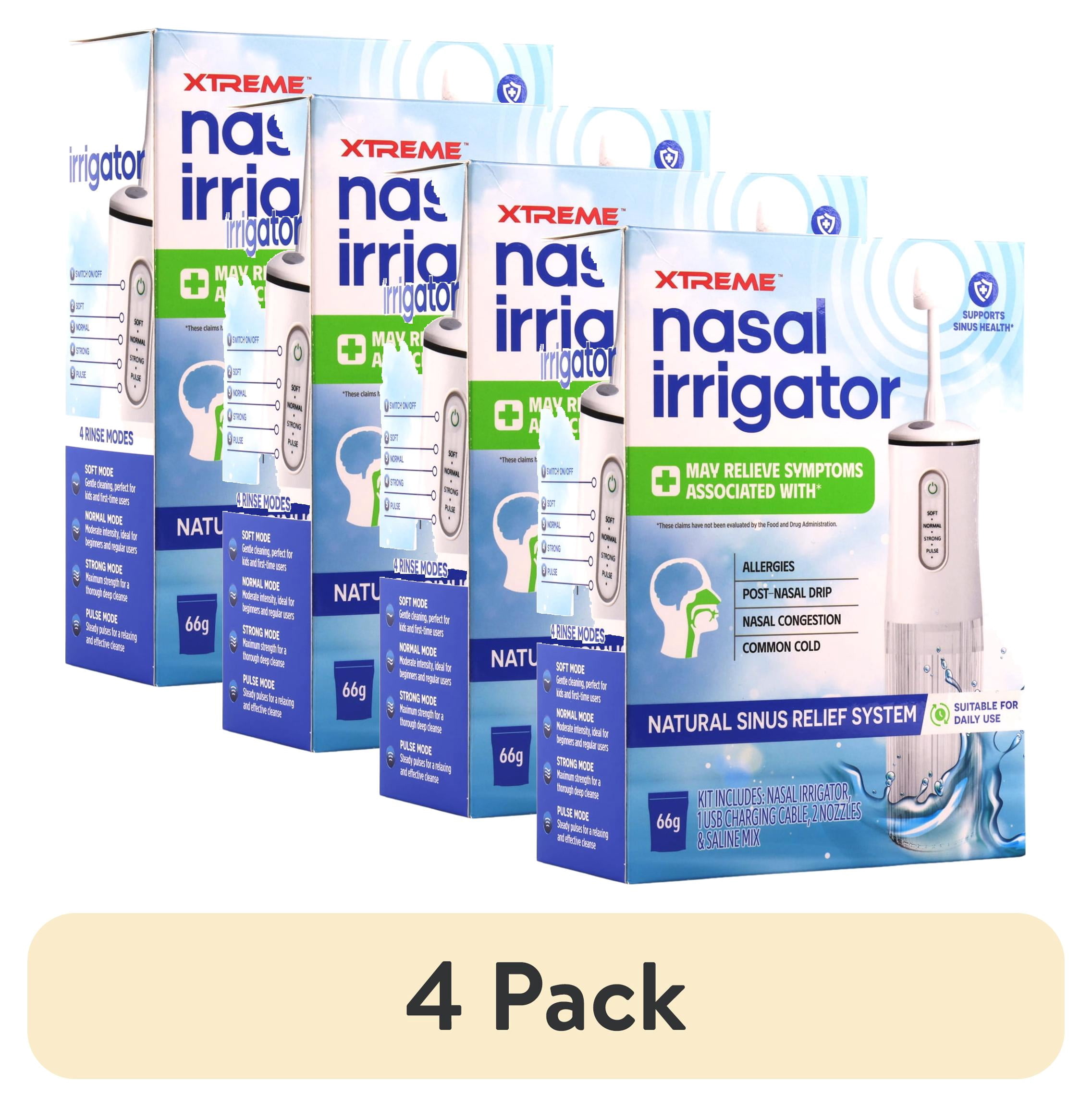 (4 pack) Xtreme Nasal Irrigator Natural Sinus Relief System, Rechargeable 200ml Capacity with 4 Rinse Modes, Includes 30 Saline Packets and 2 Nozzles for Adults