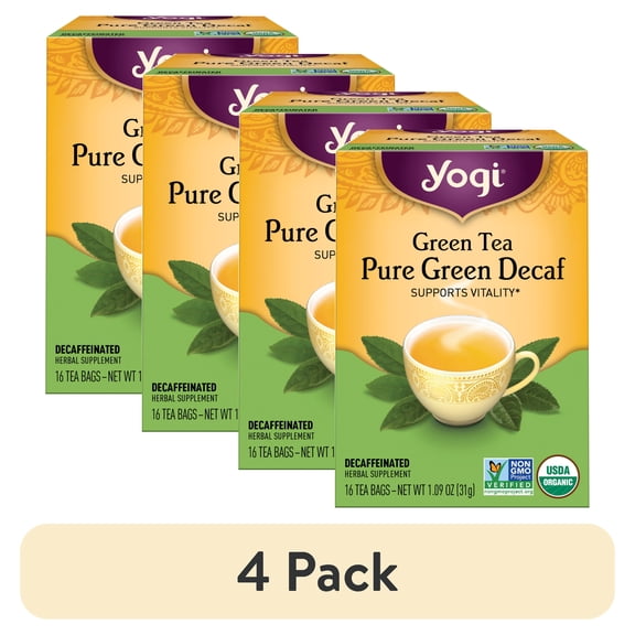 (4 pack) Yogi Green Tea Pure Green Decaf, Wellness Tea Bags, 16 Count