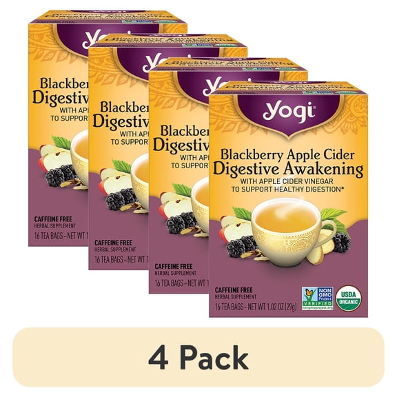 (4 pack) Yogi Tea, Herbal Tea Bags, Blackberry Apple Cider Digestive Awakening Tea, Supports Healthy Digestion, 16 Ct Tea Bags