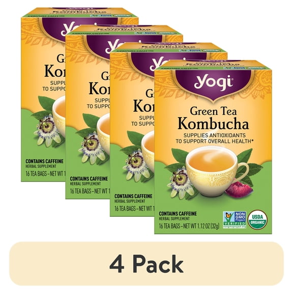 (4 pack) Yogi Green Tea Kombucha, Organic Wellness Tea Bags, 16 Count