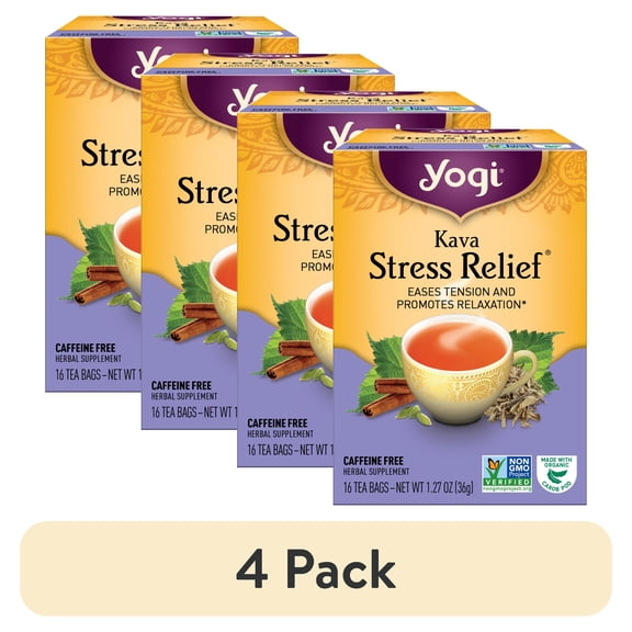 (4 pack) Yogi Kava Stress Relief, Organic Herbal Wellness Tea Bags, 16 Count