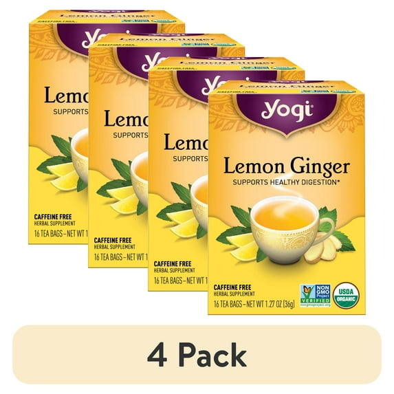 (4 pack) Yogi Tea Lemon Ginger, Caffeine-Free Organic Herbal Tea Bags, 16 Count