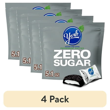 (4 pack) York Zero Sugar Chocolate Peppermint Patties Candy, Bag 5.1 oz