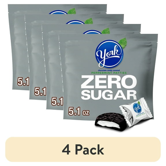 (4 pack) York Zero Sugar Chocolate Peppermint Patties Candy, Bag 5.1 oz