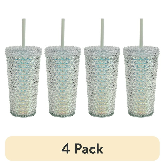 (4 pack) Your Zone 16 Ounce Plastic Textured Iridescent Tumbler, Green