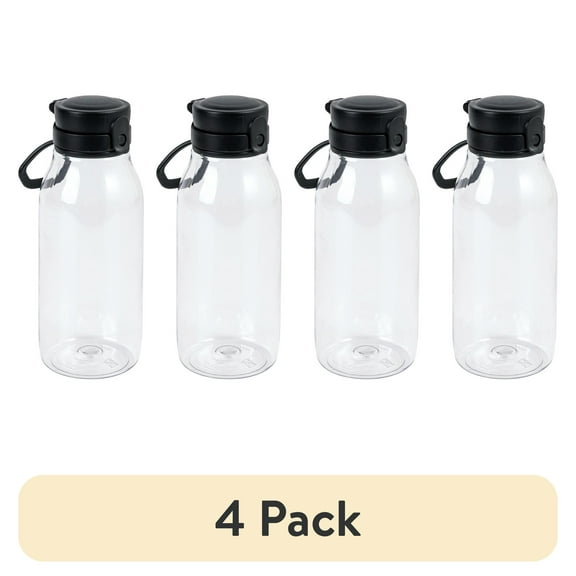 (4 pack) Your Zone 16 Fluid oz Plastic Water Bottle with Flip Top Chug Lid, No Straw, Clear with Black Lid, Reusable