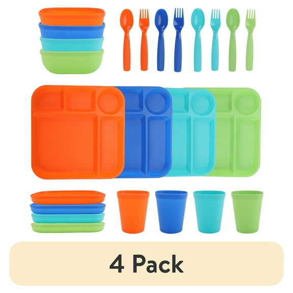 (4 pack) Your Zone 24-Piece Plastic Kids Dinnerware Set with 4 Trays, Bowls, Plates, Cups, Forks, Spoons in Orange, Blue, Aqua, Green