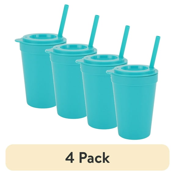 (4 pack) Your Zone 4-Pack Plastic 15-Ounce Capacity Tumbler Set with Lid and Straw, Multi-Colored