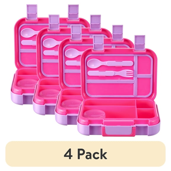 (4 pack) Your Zone Kids Bento Lunch Box, 4-Compartment Food Container with Utensils & Dressing Cup, Pink