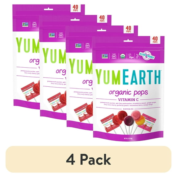 (4 pack) YumEarth Organic Lollipops, Vitamin C, Assorted Flavors, 8.5 oz, 40 Ct