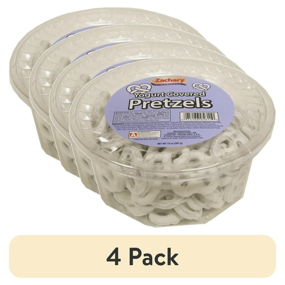 (4 pack) Zachary, Yogurt Covered Pretzels, 14 oz. Tub Contains: Soy, Milk, and Wheat.